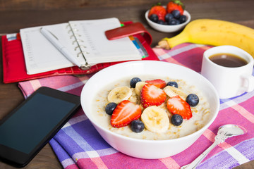Planning morning concept with healthy breakfast and coffee