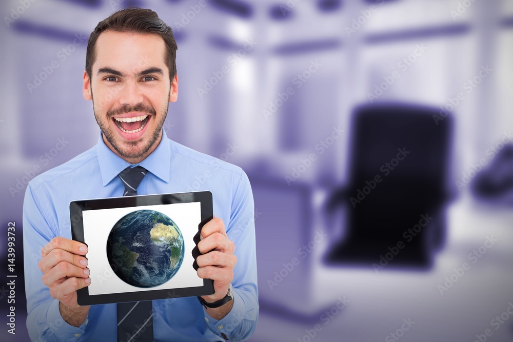 Canvas Prints Composite image of happy businessman showing his tablet pc 