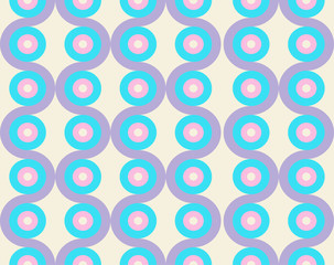 Fototapeta premium Seamless geometric pattern vector background with colorful circles and curled waves beige blue pink purple
