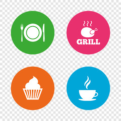Food icons. Muffin cupcake symbol. Fork, knife.