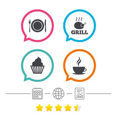 Food icons. Muffin cupcake symbol. Fork, knife.