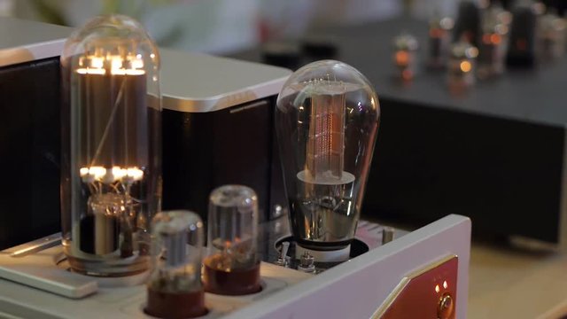 Hifi lamp audiophile amplifiers. Close-up view.