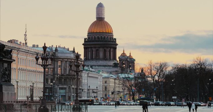 Russia, Saint-Petersburg, 29 march 2017: Palace Square, Isaac cathedrale, Alexander Column, Hermitage, Winter Palace, the arch of the Main Staff, the Admiralty at sunset, the designer Montferrand