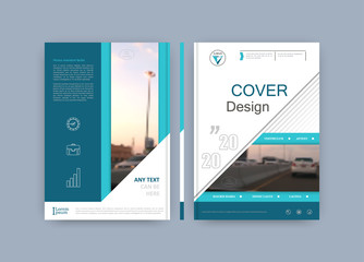 Brochure template. Book cover design. Title sheet. Abstract composition with images. Blue green, turquoise geometric shapes. A4 interesting vector illustration. Minimalistic. Creative. Modern.