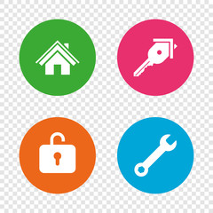 Home key icon. Wrench service tool symbol.