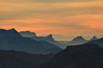 Fototapeta na wymiar Sunset view from mount Niesen, Swiss Alps. Painting like impression.