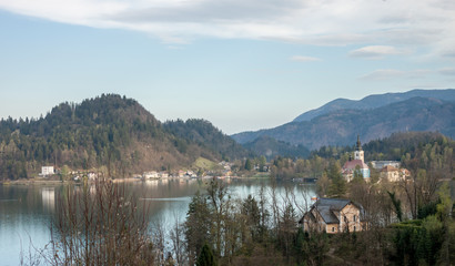 view on Bled lake and mountains