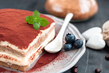 Dessert tiramisu decorated with mint on a gray plate