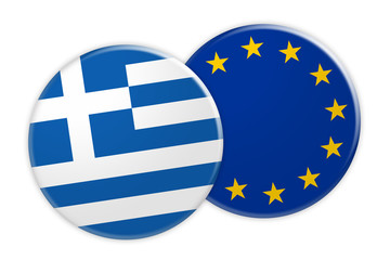 News Concept: Greece Flag Button On EU Flag Button, 3d illustration on white background