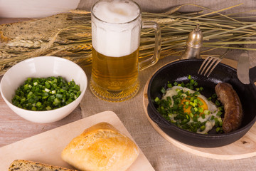 Sunday breakfast - fried eggs, sausage and beer