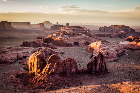 Utah - Ariziona border, panorama of the Monument Valley from a remote point of view, known as The Hunt's Mesa