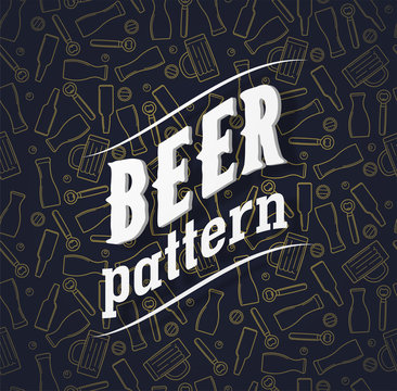Beer objects lineart style seamless pattern. Vector illustration