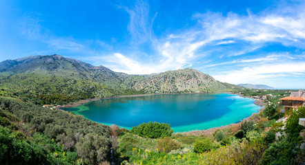 Fototapeta na wymiar Panorama of the natural lake Kournas at Chania, Crete