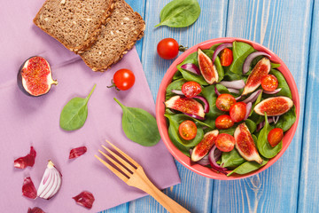 Fruit and vegetable salad and ingredients for preparing meal, healthy lifestyle and nutrition concept