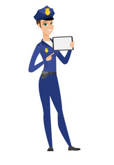Smiling policewoman holding tablet computer.