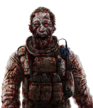 Zombie soldier shout concept. Drawing horror illustration. Scary character face picture.