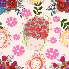 Girl face floral background pattern, flower, seamless