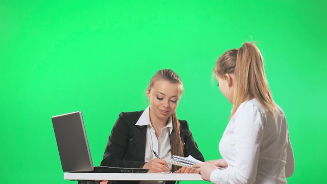 Interview in the office with the secretary, green screen, alpha