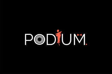 Podium is a text logo. Silhouette of the model, camera shutter and bow tie. A sample for advertising, fashion magazines and flyers. On a black background.