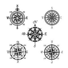 Marine or nautical compass navigation vector icons