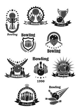 Bowling game championship awards vector icons set