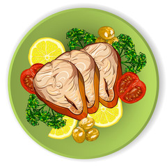 pieces of fish served with vegetables