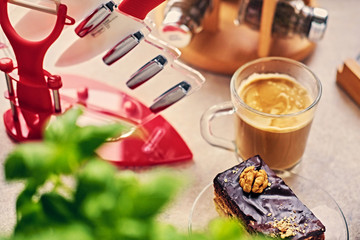 Knife set, coffee cup and communication set of smart watch and smart phone.