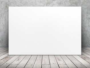 Fototapeta premium Blank long white paper poster leaning at concrete wall on wooden plank floor in perspective room,Business mock up presentation design