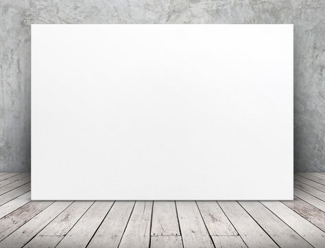 Blank long white paper poster leaning at concrete wall on wooden plank floor in perspective room,Business mock up presentation design