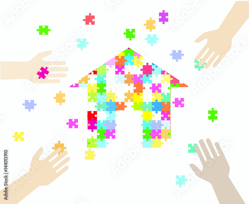 Four Hands Putting Multicolor Puzzle Pieces Together