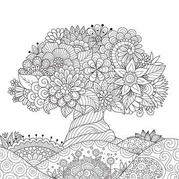 Beautiful abstract tree for design element and adult coloring book pages. Vector illustration