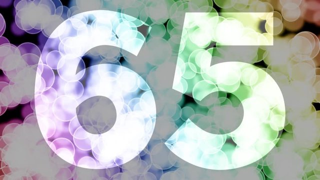 Sixty five to sixty six years birthday fade in/out animation with color gradient moving bokeh background. Animation: 90 frames still with number, 180 fade out, 30 clear, 180 fade in, 300 still.

