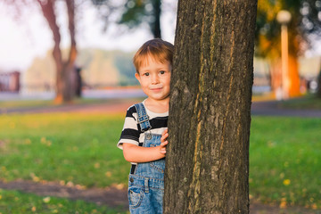 The boy is standing by the tree in the park