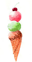 Watercolor ice cream with a cherry on top