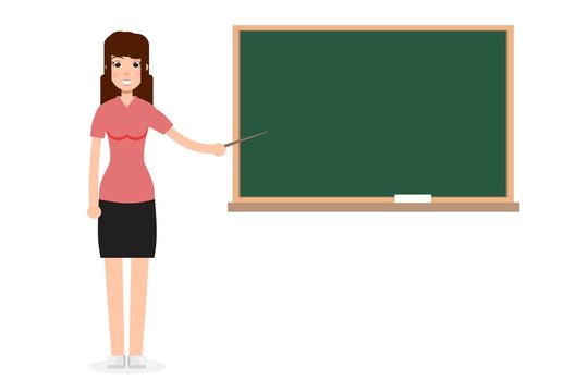 Woman, female teacher on lesson at blackboard. Vector illustration