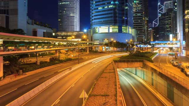 Hong Kong Night Traffic Cityscape 4K Time Lapse (pan shot)