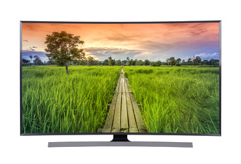 led tv with wooden bridge and nature landscape isolated on white background