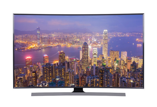 led tv with cityscape view isolated on white background