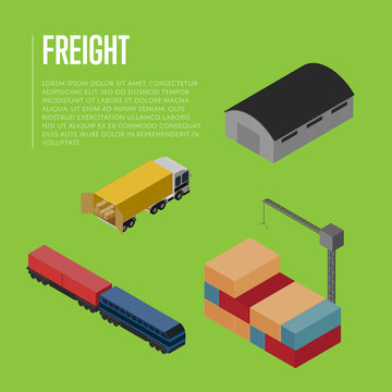 Freight shipment isometric banner vector illustration. Commercial truck loading, warehouse building, freight train, cargo crane loading container. Worldwide logistics, delivery transportation service
