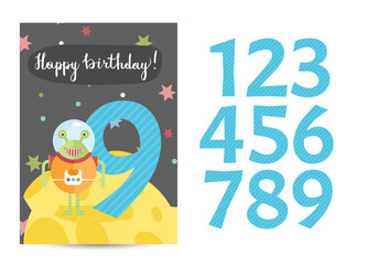 Happy birthday cartoon greeting card template with digits set on space theme. Alien in spacesuit, colorful stars, Moon vector on blue background. Editable invitation on childrens costumed party