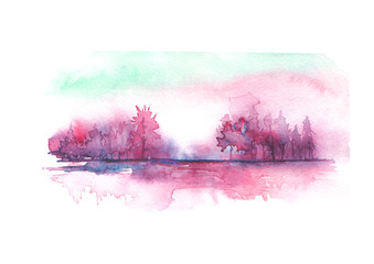 Watercolor landscape, river bank, lake, with trees and kutas in the background of sunset, dawn. In vintage illustration