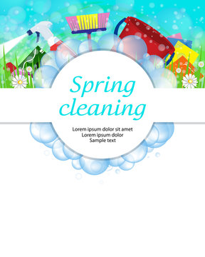 Spring cleaning service concept. Tools for cleanliness and disinfection. Soap bubbles frame. Vector
