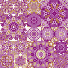Seamless tile pattern. Colorful lisbon, mediterranean floral ornament pattern. Square flower violet mosaic. Islam, Arabic, Indian, Pakistan, Chinese Moroccan, Portuguese Ottoman motifs. Vector.
