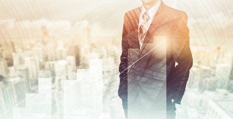 Business concept the company's growth and increase statistics. A successful leader. Double exposure