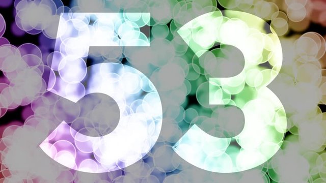 Fifty three to fifty four years birthday fade in/out animation with color gradient moving bokeh background. Animation: 90 frames still with number, 180 fade out, 30 clear, 180 fade in, 300 still.
