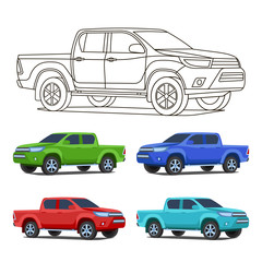 Pickup truck set outline and colored vector illustration - obrazy, fototapety, plakaty