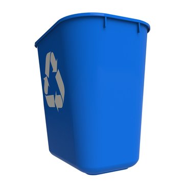 Beside view of blue recycling bin on a white background, 3D rendering