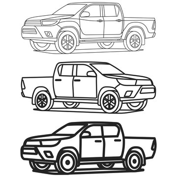 Pickup truck outline set on white background drawing vector illustration