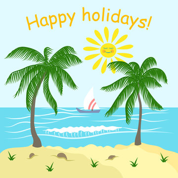 Postcard, banner with summer elements, palm trees, sea, yacht, sun, welcoming text.
