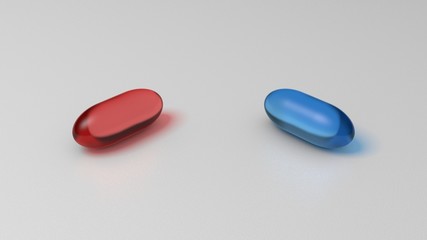 Red and blue pills on white surface. Graphic illustration. 3D render